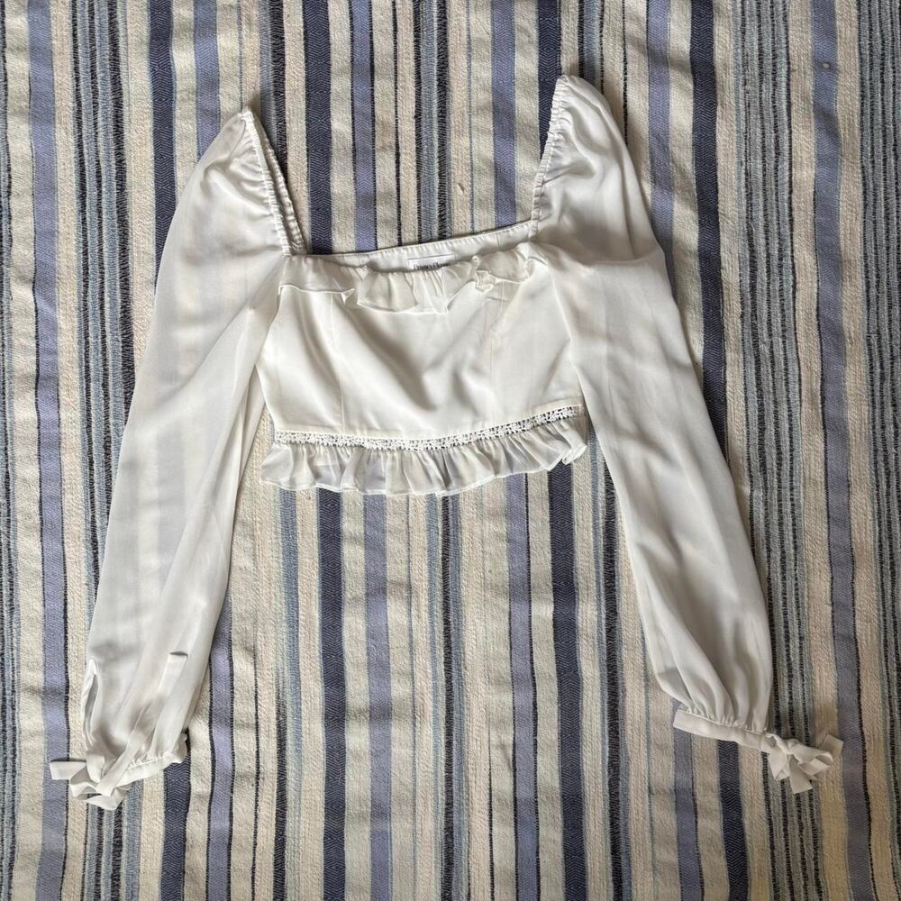 Coastal Cowgirl Privacy Please White Blouse with Ruffle and Lace Details, Size S